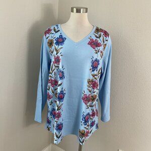 NEW Quacker Factory Womens Plus 2X Blue Floral Embellished Long Sleeve Tunic Top